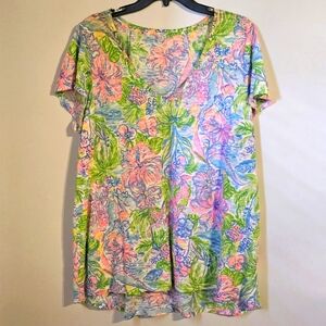 Lilly Pulitzer Etta V-Neck Top Short Sleeve Multi Lilly Loves Hawaii Size XL
